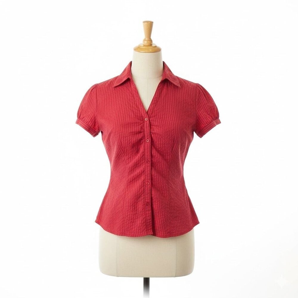 Sonoma Pink Seersucker Button Down Blouse | Puffed Sleeve Textured Top